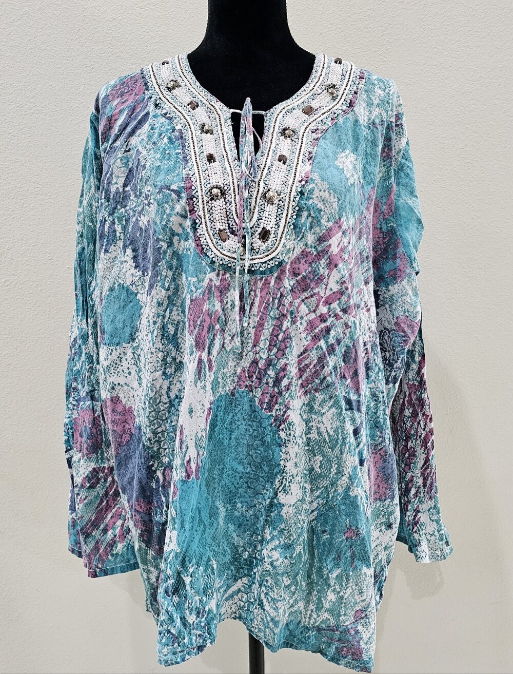 K Jordan Teal and Magenta Embroidered Tie-Neck Women's Tunic